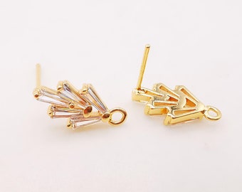 4PCS Cubic Zircnia Earring Post, Real Gold Plated Brass Stud Earring With Loop,S925 Silver Ear Pin,Shiny Ear Post,Earring Finding Z002