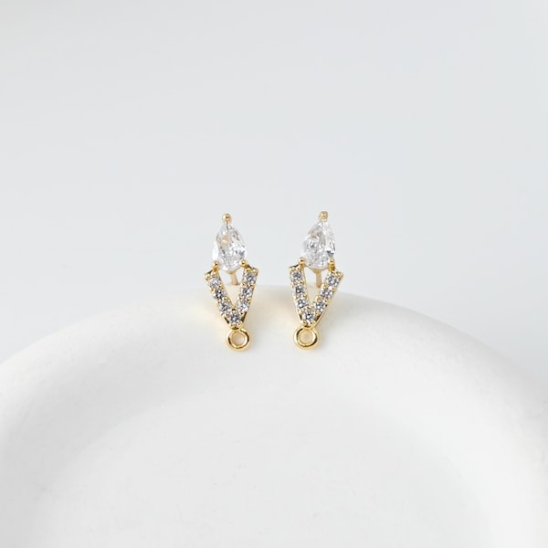 Rhombus Earring Post, 18K Real Gold Plated Brass Stud Earring With Loop, S925 Silver Pin, CZ Pave, Nickel Free, Earring Finding D0718