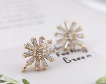 4PCS Cubic Zircnia Earring Post, Real Gold Plated Brass Stud Earring With Loop, Ear Pin,Flower Ear Post,Earring Finding Z012