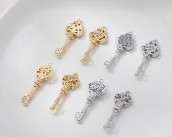 Vintage Skeleton Key Charm, 14K Gold Plated, Micro Pave, Filigree Key Pendant, For DIY Necklace Bracelet Jewelry Making Supply GZ1066