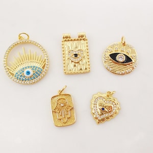 Evil Eye Charm, Coin Pendant, Heart Charm, 18K Gold Plated CZ Pave Eye Pendant, Necklace Making Charm, Jewelry Findings S1024