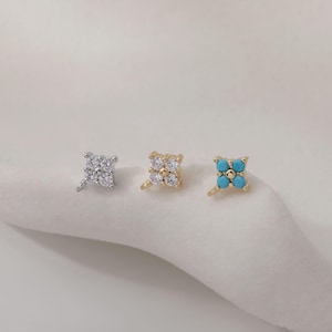Handmade Four Leaf Clover Stud Earrings With Loop, CZ & Turquoise Floral Ear Posts Gold Silver White Gold For DIY Jewelry Findings GZ989