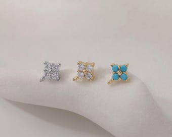 Handgemaakte oorknopjes met klavertje vier en oogje, versierd met zirkonia en turkooizen bloemvormige oorstekers in goud, zilver en witgoud voor doe-het-zelf sieraden GZ989