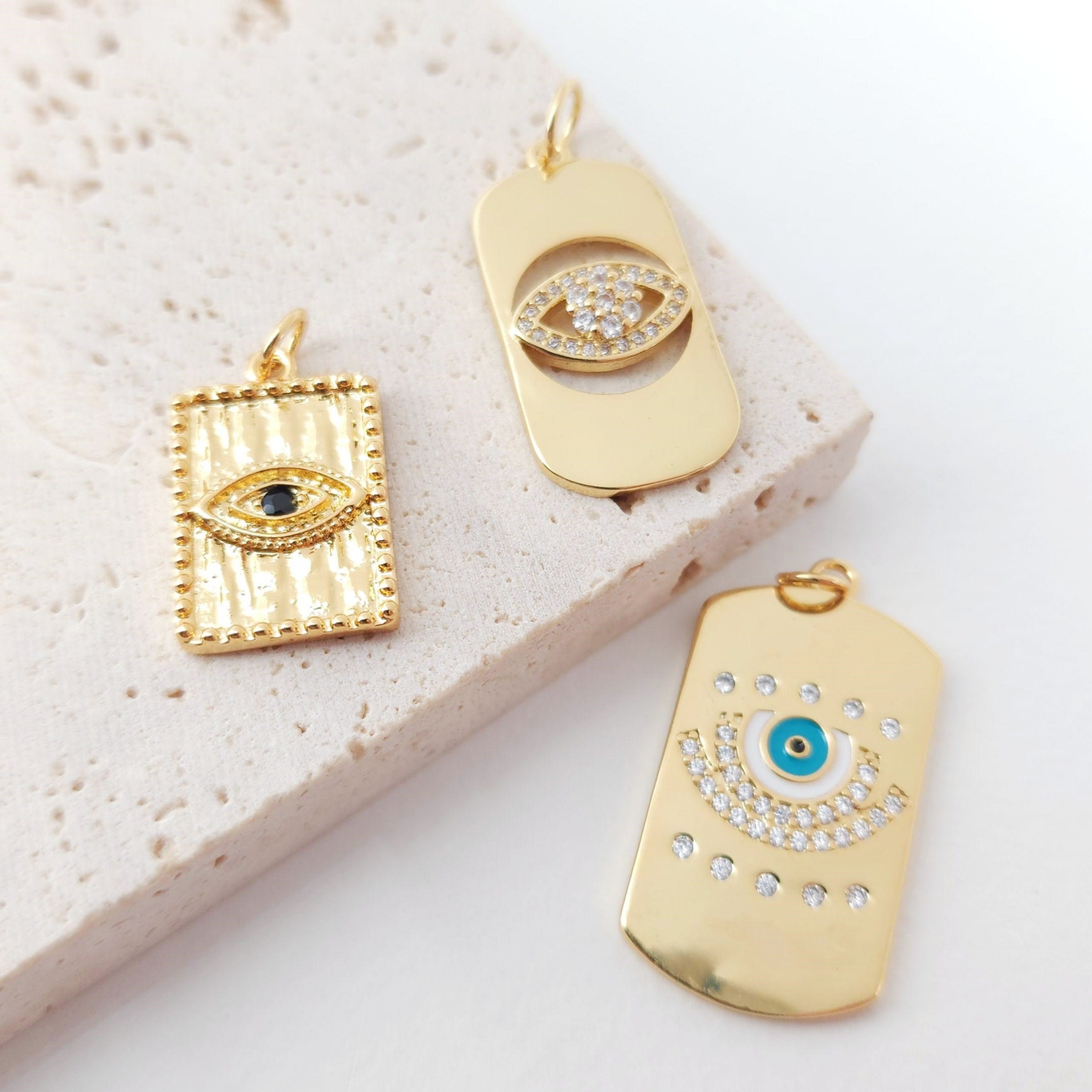 Gold Evil Eye Card Charms, Enamel Eye Pendant, 18K Gold Gold Evil Eye Card Charms, Enamel Eye Pendant, 18K Gold