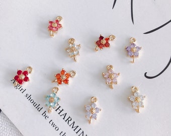 5pcs Flower Connector Charm with loops, Multicolour Cubic Pave Pendant, Bracelet Necklace Making, Gold Plated Jewelry Findings L001-F258