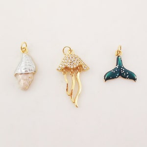 Enamel Marine Life Charms, Jellyfish, Seashell, Fishtail Pendant, Gold Plated Cubic Pave Charms, Bracelet Making, Jewelry Findings S20239
