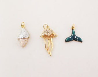 Enamel Marine Life Charms, Jellyfish, Seashell, Fishtail Pendant, Gold Plated Cubic Pave Charms, Bracelet Making, Jewelry Findings S20239