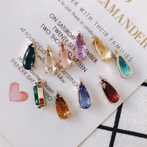 10pcs- Crystal Long Teardrop Charms, 10 colors You Choose, 14K Gold Plated Teardrop Pendant, 18*7.5mm, Jewelry Findings MY076-F040