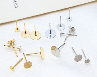 10 Stück 18K Gold Flache Ohrring Post, 4 mm / 6 mm / 8 mm, flache Rückseite rund Ohrring Post, hypoallergene Bolzenohrring Zubehör TH031-ZX7030