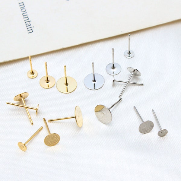 10pcs 18K Gold Flat Earring Post , 4mm/6mm/8mm,  Flat Back Round Earring Post, Hypoallergenic Stud Earring Findings TH031-ZX7030