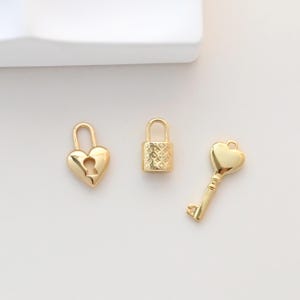 Dainty Love Lock Charm, Heart Key Pendant, 18K Gold Plated Necklace Making Pendant, Love Lock Pendant, Jewelry Findings S1046