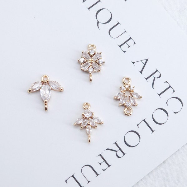 Tiny Leaf Connector, Cubic Zircon Crystal Leaf Pendant, CZ Earring Charms,  Gold Plated Brass Earring Charms, Jewelry Findings ZR010-F169