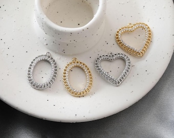 Open Heart & Oval Frame Charm, Pave CZ Pendant, 14K gold Plated,  For DIY Earring Bracelet Necklace Jewelry Making GZ1050