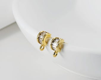 C Shape Ear Post, Nickel Free, CZ Pave, 9.7*4.3mm, 18K Gold Plated Stud Earring Finding D0446