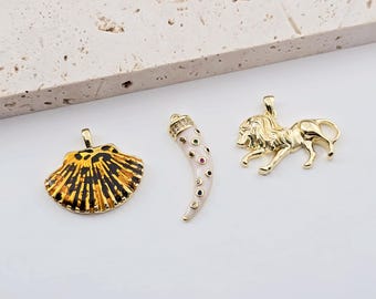 Emaille Muschel Charms, Horn Anhänger, Löwe Anhänger, 18K Gold überzogen, Schmuckherstellung Anhänger S1274