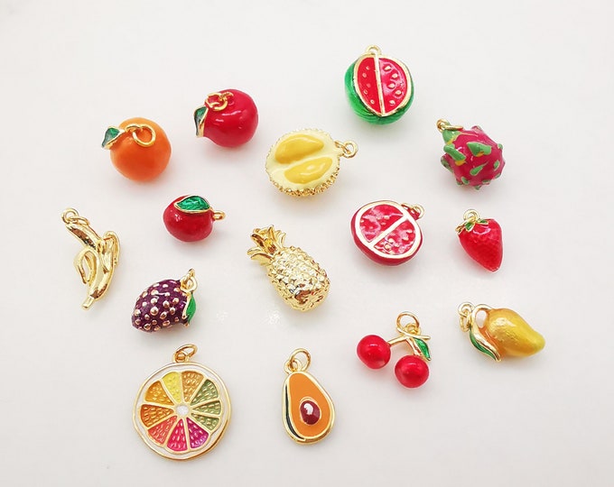 Enamel 3D Fruit Collection Pendants, Strawberry Apple Durian, 18K Gold Plated, Bracelet Necklace Pendnats, Jewelry Findings S2001