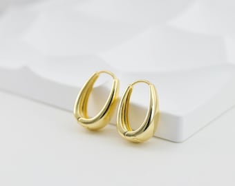 Gold Oval Ear Hoops, 18K Gold/Silver Plated Leverback Earrings, Huggie Hoops Earring D0567