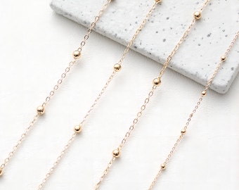14K Gold Beads Oval Chain, 1mm, 1.5mm, 2mm in Flat, Necklace Link Chain, Unfinished Chain, Hypoallergenic, Necklace Making Findings GT008