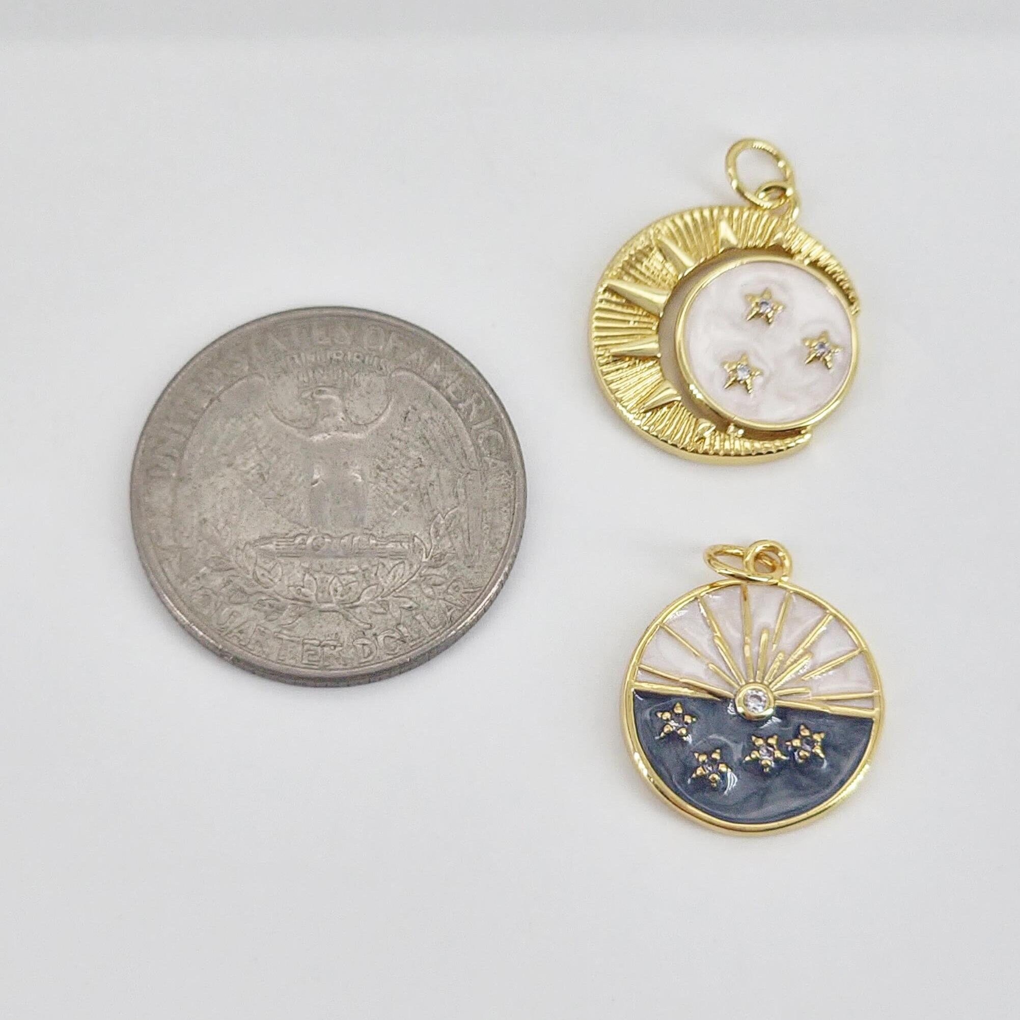 Enamel Cubic Moon & Star Charm, 18K Gold Plated Multicolor Pave
