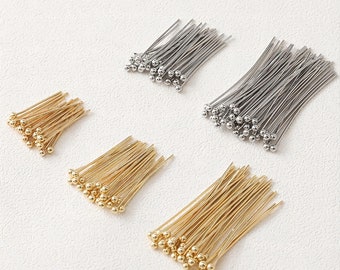 100pcs Ball Pins, Head Pins, 14K Gold Plated, 23Gauge, 15mm, 20mm, 30mm Component for Jewelry Making Findings GD009
