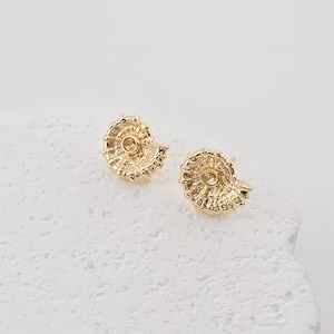 Könnte beinhalten: Ein Paar goldfarbene Ohrringe in Form von Muscheln. Die Ohrringe sind klein und zart, mit einer strukturierten Oberfläche.