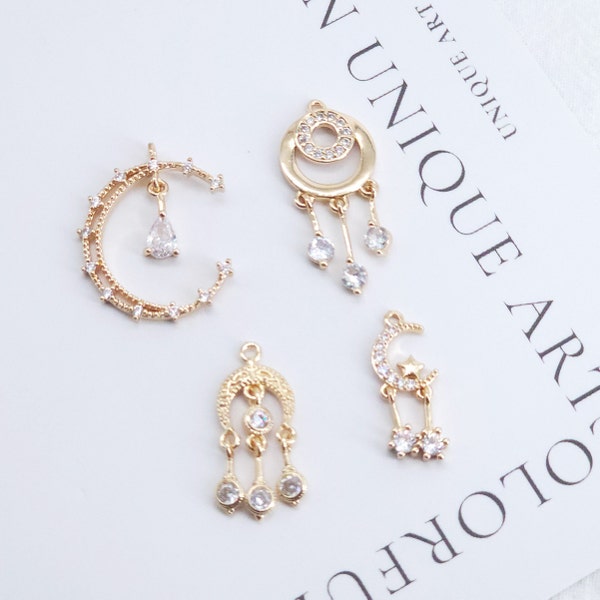 CZ Pave Moon and Star Charm, Cubic Zircon Crystal Pendant, CZ Earring Charms,  Real Gold Plated Earring Charms, Jewelry Findings ZR017-F124