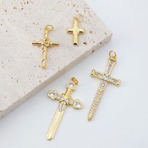 CZ Pave Cross Charms, Sword Pendant, Rose Cross Charm, 18K Gold Plated, Necklace Making Charms, Jewelry Findings S890