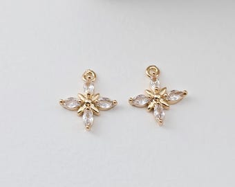 Dije de flor, colgante de flor de cristal de circonita cúbica, dijes de pendientes de CZ, dijes de pendientes de latón bañado en oro real, accesorios de joyería D0300
