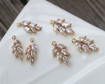 2PCS CZ Pave Leaves Charm, Cubic Zircon Crystal Leaf Pendant, Necklace Pendant, Gold Plated Charm, Jewelry Findings HL049-F012