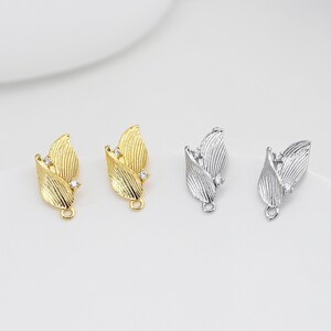 Leaf Earring Post, 18K Real Gold Plated Brass Stud Earring With Loop, CZ Pave, Nickel Free, Earring Finding D0435