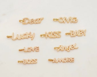 Words Pave Charm, Dear/OMG/Angel/Boss/Amore/Kiss/Lucky/Love, 18K Gold Plated, Necklace Making, CZ Pave Pendant, Jewelry Supplies S20345