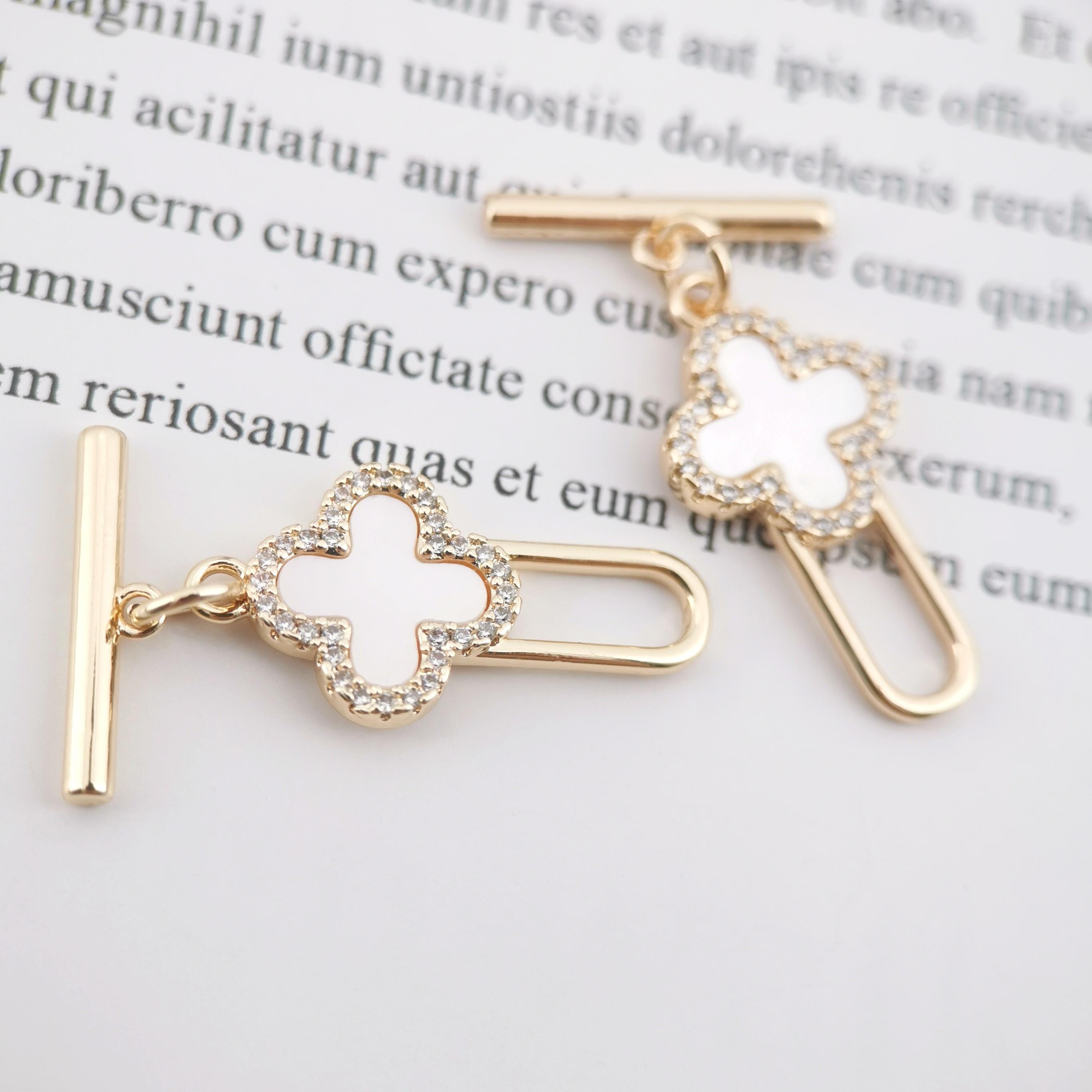 Four Leaf Clover OT Toggle Clasps, 18K Gold Plated OT Buckle, CZ