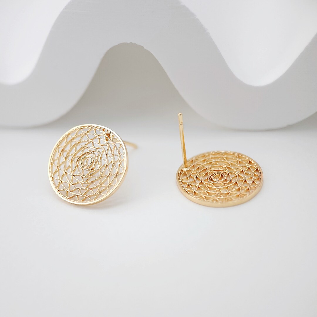 4pcs Round Mesh Earring Post , 12mm, 18K Gold Circel Stud Earring, S925 ...