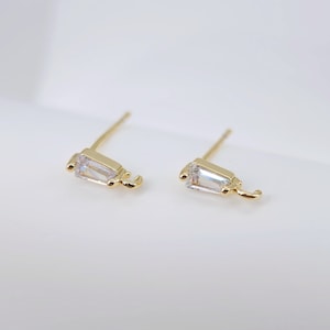 Cubic Zirconia Dainty Rectangle Post Earrings, Gold Plated Earring Post with Loop, Handmade Earring Finding, DIY Earring Supplies D0040