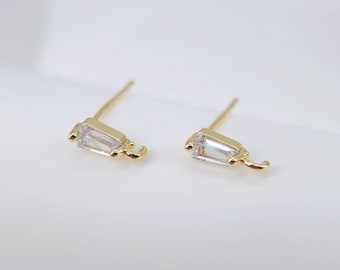 Cubic Zirconia Dainty Rectangle Post Earrings, Gold Plated Earring Post with Loop, Handmade Earring Finding, DIY Earring Supplies D0040