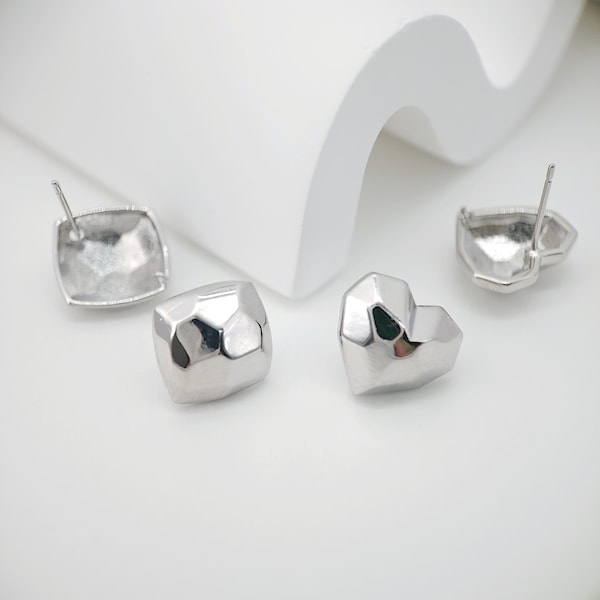 10pcs Square Heart Earring Post, S925 Silver Pin Nickel Free Earrings, Diamond cut Square Shape Ear Stud with Loop ZX096