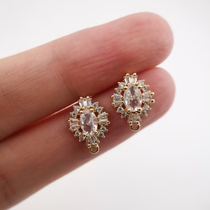Cubic Zirconia Rhombus Post Earrings, Gold Flower Earring Post with Loop, Hypoallergenic, Earring Findings, Handmade Earring Supplies D0042