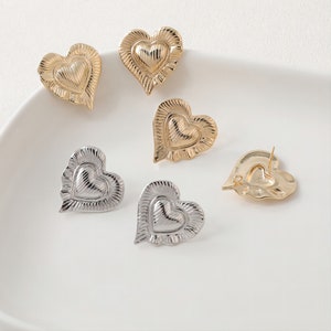 Gold Heart Earring Post, 14K Gold/Silver Nickel Free Earrings, S925 Silver Ear Pins, 20mm, Heart Shape Ear Stud with Loop JJ023