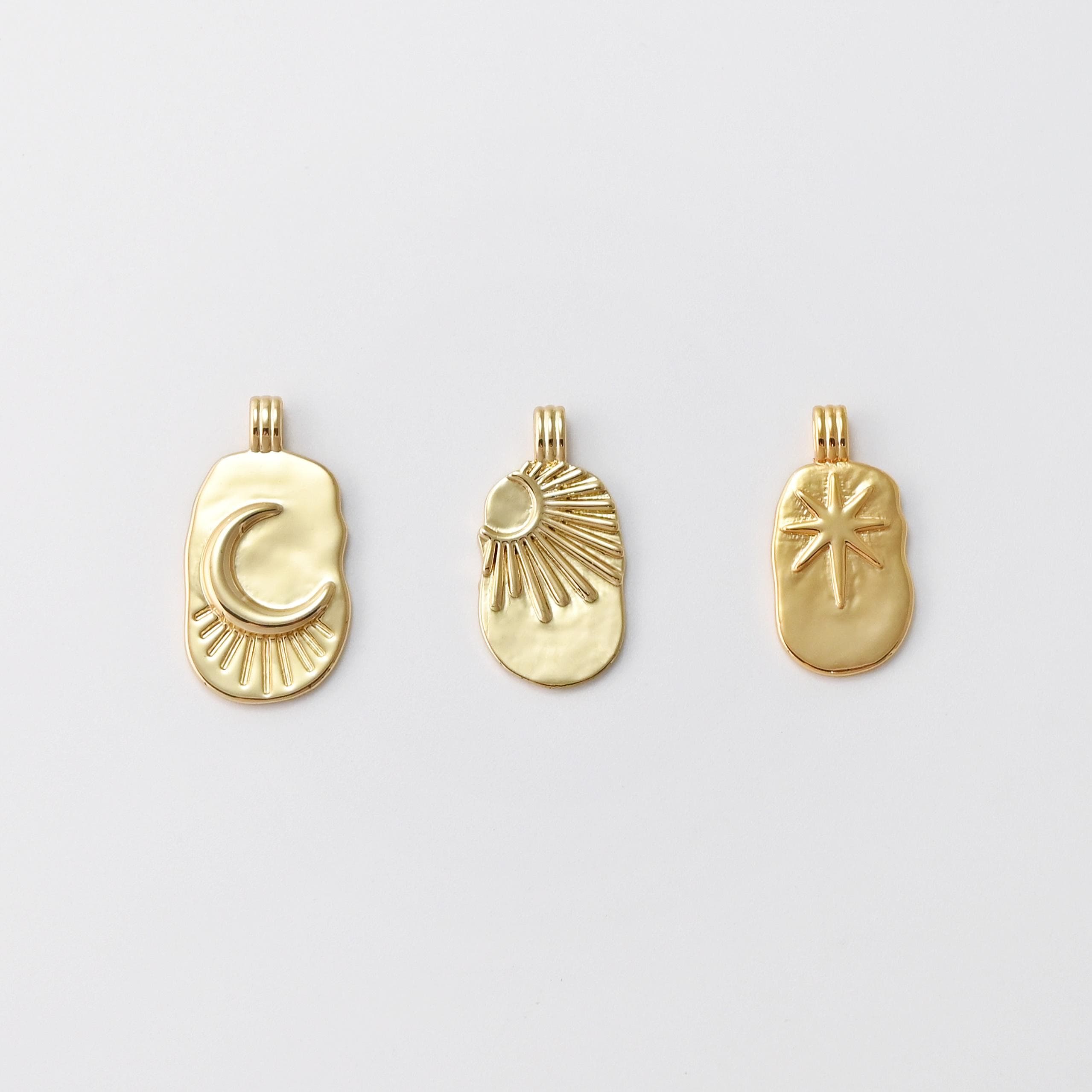 Gold Sun Charm, Moon Charm, Star Charm, Sun With Rays Pendant, 18K Gold Plated, Necklace Making Charm, Jewelry Findings