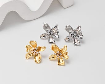 CZ Pave Flower Earrings Post With Loop, 18K Gold Plated, Nickel Free, Ear Stud Hypoallergenic Earring Findings D0477