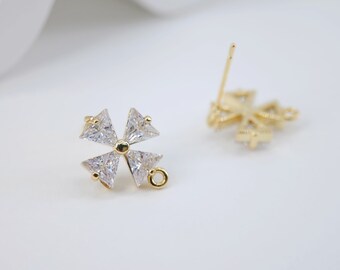 Cubic Zirconia Flower Post Earrings, Gold Plated Earring Post with Loop, Hypoallergenic, Handmade Earring Finding,DIY Earring Supplies D0035