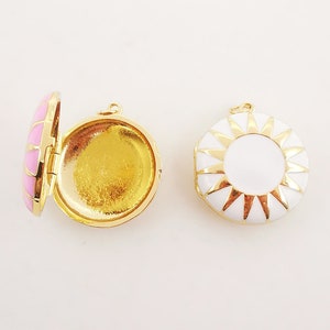 Locket Charm, Enamel Sun, 18K Gold Plated Round Pendant, 25mm, Necklace Making Charm, Jewelry Findings S20296