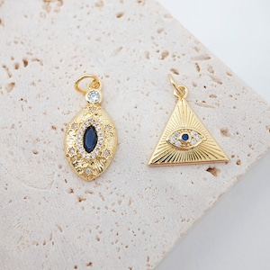 Triangles Evil Eye Charm, 18K Gold Plated Micro CZ Pave Eye Pendant, 16mm, Necklace Making Charm, Jewelry Findings S20259