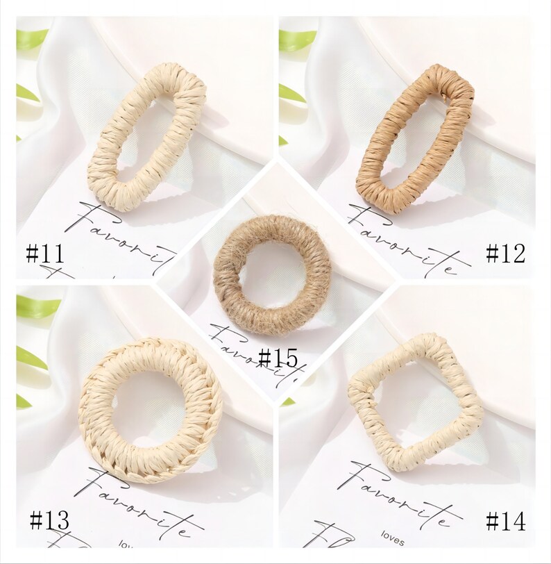 May include: A collection of five woven raffia rings in various shapes: oval, rectangle, and circle. The rings are in shades of beige and tan. The word "Favorite" is written on the background.