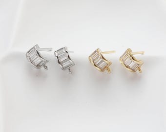 C Shape Ear Post, CZ Pave,  pin, Nickel Free, 14K Gold Plated Stud Earring Finding GZ830