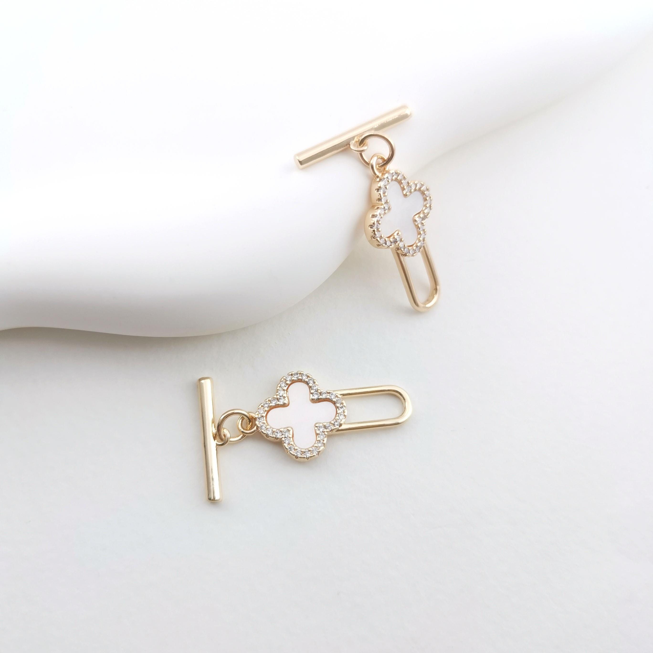 Four Leaf Clover OT Toggle Clasps, 18K Gold Plated OT Buckle, CZ