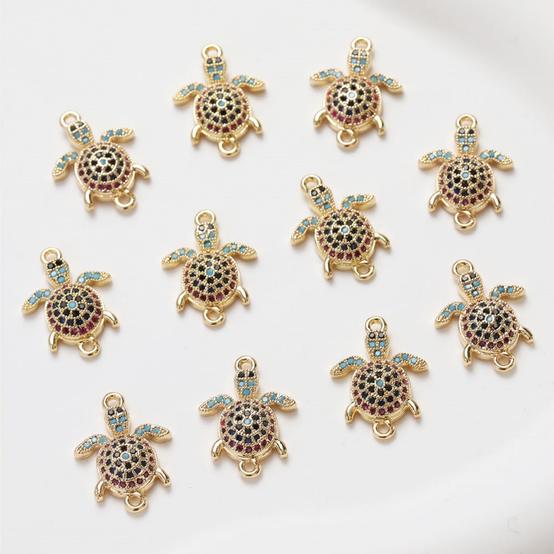 Sea Turtles Charm Connector, 14K Gold Plated Cubic Micro CZ Pave Charms