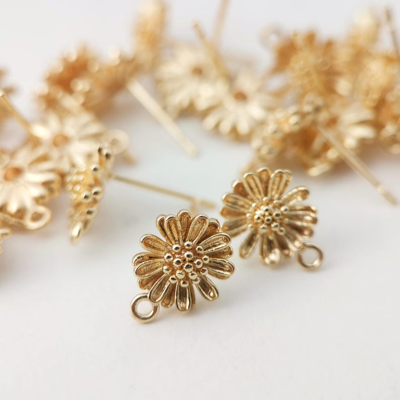 10PCS Flower Earring Post with Loop, Pin, 18K Real Gold Plated Brass Stud Earring With Loop, Nickel Free, Earring Finding Z097 image 7