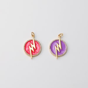 Multicolor Enamel Round Coin Charm, Pave CZ, 18K Gold Plated Lightning Pendant, 20mm, Necklace Bracelet Making Pendant S20456