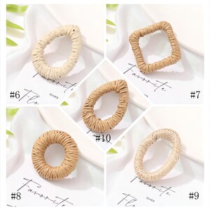 May include: Assortment of woven raffia rings in various shapes: teardrop, square, oval, and round. The rings are in shades of beige and tan, with a textured surface. The image includes the text "Favorite" and numbers.